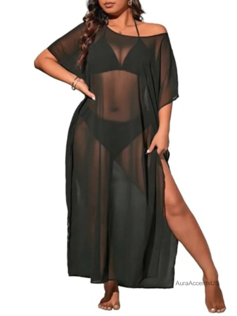 Plus Size One Shoulder Sheer Mesh Split Thigh Loose Coverup Dress Beach Swimwear
